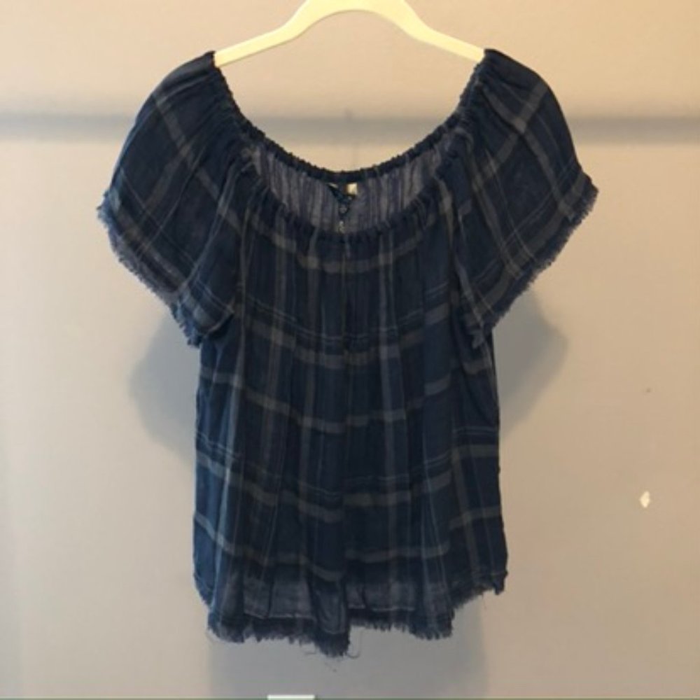 Lucky Brand off the Shoulder plaid blouse